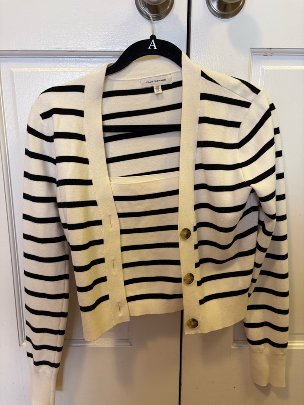 Club Monaco Cream and Black Striped Cropped Cardigan